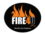 Fire4U logo. The logo is a black oval with the words FIRE4U in orange and white. Orange flames burn from the top of the words.